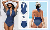 Floral Deep V-neck Halter One-Piece Swimsuit Sexy Backless Lace Up Women Monokini