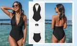 Floral Deep V-neck Halter One-Piece Swimsuit Sexy Backless Lace Up Women Monokini