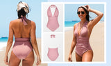 Floral Deep V-neck Halter One-Piece Swimsuit Sexy Backless Lace Up Women Monokini