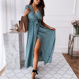 Women Dresses Summer Fashion Polka Dot Split Boho Dress V-Neck Women Casual Beach