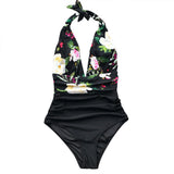 Floral Deep V-neck Halter One-Piece Swimsuit Sexy Backless Lace Up Women Monokini