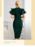 New Summer Green O Neck Midi Bandage Dress For Women  Sexy Ruffles Short Sleeve Hot Celebrity Club Evening Party Dress