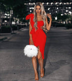 New Summer Fashion Women Bodycon Dress One Shoulder Bow Mesh Ruffle Sleeveless Bandage Dress Celebrity Party Evening Sexy