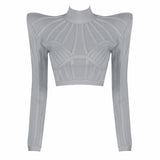 Chic Gorgeous Jacquard Striped Splicing Design Long Sleeves Celebrity Party Club Bandage Crop Tops