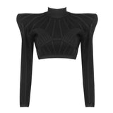 Chic Gorgeous Jacquard Striped Splicing Design Long Sleeves Celebrity Party Club Bandage Crop Tops