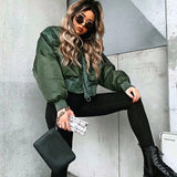 stylish lady autumn winter short jackets women fashion long sleeve zipper bomber jacket