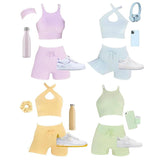 2 Piece Set Women Outfit Fitness Clothing Cross Crop Top Sports Bra Seamless Drawstring Biker Shorts Yoga Set