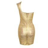 Fashion Gold Bandage Dress One Shoulder Stamp Women Mini Dresses Celebrity Party Club Bodycon