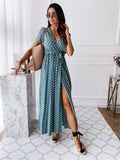 Women Dresses Summer Fashion Polka Dot Split Boho Dress V-Neck Women Casual Beach