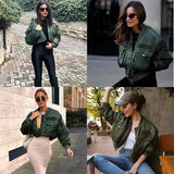 stylish lady autumn winter short jackets women fashion long sleeve zipper bomber jacket