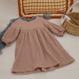 Autumn Spring  Organic Cotton Double Gauze Loose Pockets Baby Girls Dress Fashion