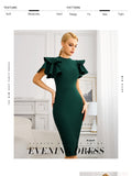 New Summer Green O Neck Midi Bandage Dress For Women  Sexy Ruffles Short Sleeve Hot Celebrity Club Evening Party Dress