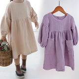 Autumn Spring  Organic Cotton Double Gauze Loose Pockets Baby Girls Dress Fashion