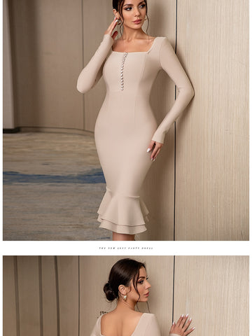 New Autumn Winter Women Apricot Bodycon Bandage Dress Sexy Mermaid Long Sleeve Lady Club Celebrity Runway Party Dress