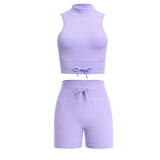 2 Piece Set Women Outfit Fitness Clothing Cross Crop Top Sports Bra Seamless Drawstring Biker Shorts Yoga Set