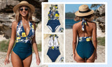 Floral Deep V-neck Halter One-Piece Swimsuit Sexy Backless Lace Up Women Monokini