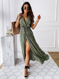 Women Dresses Summer Fashion Polka Dot Split Boho Dress V-Neck Women Casual Beach