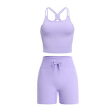 2 Piece Set Women Outfit Fitness Clothing Cross Crop Top Sports Bra Seamless Drawstring Biker Shorts Yoga Set