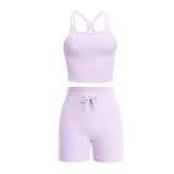 2 Piece Set Women Outfit Fitness Clothing Cross Crop Top Sports Bra Seamless Drawstring Biker Shorts Yoga Set