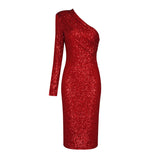 Sexy One Shoulder Dress Women Sparkle Glitzy Sequins Dress Mesh Patchwork Celebrity Christmas Party