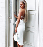 New Summer Fashion Women Bodycon Dress One Shoulder Bow Mesh Ruffle Sleeveless Bandage Dress Celebrity Party Evening Sexy