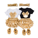 New Baby Girl Clothes White Cotton Rompers and Golden Ruffles Baby Girls Tutu Skirt Shoes Headband Newborn Sets