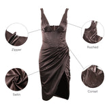 Summer Stretchy Satin Corset Dress Chic Slit Draped Midi Dress Festival Clothing Sexy V Neck Club Party Dresses