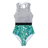 Black Striped And Green Leaf One-piece Swimsuit Women Sexy Cutout Monokini Bathing Suits