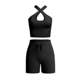 2 Piece Set Women Outfit Fitness Clothing Cross Crop Top Sports Bra Seamless Drawstring Biker Shorts Yoga Set