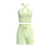 2 Piece Set Women Outfit Fitness Clothing Cross Crop Top Sports Bra Seamless Drawstring Biker Shorts Yoga Set