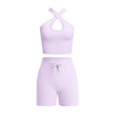 2 Piece Set Women Outfit Fitness Clothing Cross Crop Top Sports Bra Seamless Drawstring Biker Shorts Yoga Set