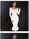 New Autumn Winter Women Apricot Bodycon Bandage Dress Sexy Mermaid Long Sleeve Lady Club Celebrity Runway Party Dress