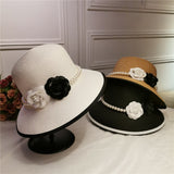 French retro elegant straw hat Hepburn pearl flower seaside holiday beach hat sunshade sunblock hat lady