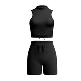 2 Piece Set Women Outfit Fitness Clothing Cross Crop Top Sports Bra Seamless Drawstring Biker Shorts Yoga Set