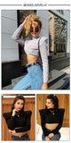 Chic Gorgeous Jacquard Striped Splicing Design Long Sleeves Celebrity Party Club Bandage Crop Tops