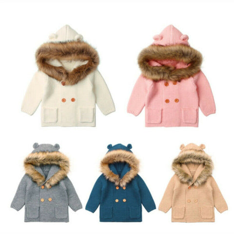 0-24M Winter Warm Newborn Baby Boy Girl Knit Hooded Coat Fur Collar Jacket Clothes Thick Autumn Clothing