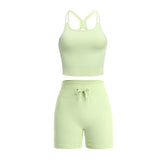 2 Piece Set Women Outfit Fitness Clothing Cross Crop Top Sports Bra Seamless Drawstring Biker Shorts Yoga Set