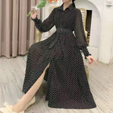 French Vintage Maxi Dress Sundress Ladies Long Sleeve Polka Dot Chiffon Pleated Dresses