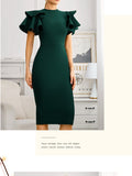 New Summer Green O Neck Midi Bandage Dress For Women  Sexy Ruffles Short Sleeve Hot Celebrity Club Evening Party Dress