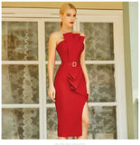 Women Red Ruffles Bandage Dress New Summer Sexy Strapless Sleeveless Diamonds Midi Club Evening Party Outfits Dresses