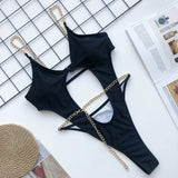 Sexy Hollow Chain Swimwear Women Thong One Piece Swimsuit Monokini Beach