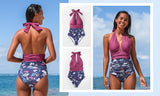 Floral Deep V-neck Halter One-Piece Swimsuit Sexy Backless Lace Up Women Monokini