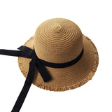 Girls Summer Cap Black Ribbon Decorate Wavy Straw Hat For Girls Children Panama Hat Kids Sun Cap Baby Beach Hats