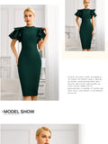 New Summer Green O Neck Midi Bandage Dress For Women  Sexy Ruffles Short Sleeve Hot Celebrity Club Evening Party Dress