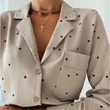 Pockets Polka Dot Printed Casual Women Blouse Ladies Long Sleeve Turn Down Collar Office