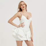 Women‘s Bandage Dress Spaghetti Strap Sleeveless Ruffles Bodycon V-Neck Mini White Sexy Elegant