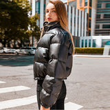 Winter Warm Thick PU Leather Coats Women Short Parkas Fashion Black Cotton Padded Lady Down Jacket Elegant Zipper Clothes