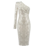 Sexy One Shoulder Dress Women Sparkle Glitzy Sequins Dress Mesh Patchwork Celebrity Christmas Party