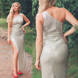 One Shoulder Silver Navy Stretchy Party Dress Sequin Hollow Out Split Leg Floor Length