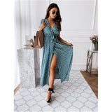 Women Dresses Summer Fashion Polka Dot Split Boho Dress V-Neck Women Casual Beach